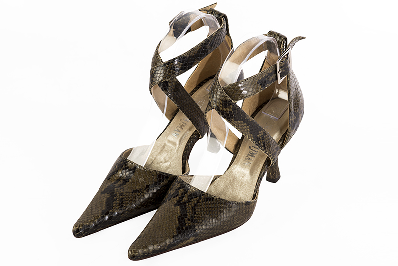 Khaki green women's open side shoes, with crossed straps. Pointed toe. High slim heel. Front view - Florence KOOIJMAN
